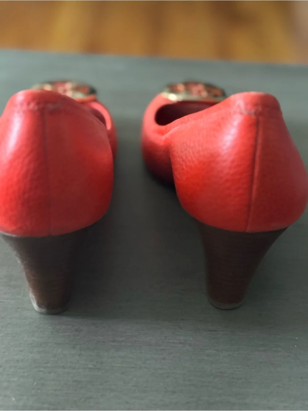 Tory Burch Coral-Red Leather Peep-Toe Wedge Pumps with Gold Logo